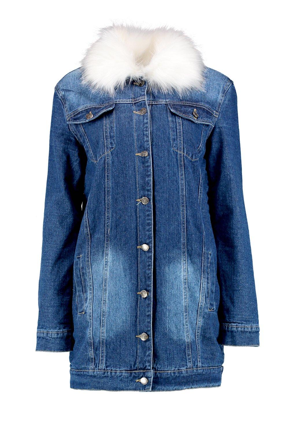 Roxie Lined Faux Fur Collar Denim Jacket boohoo